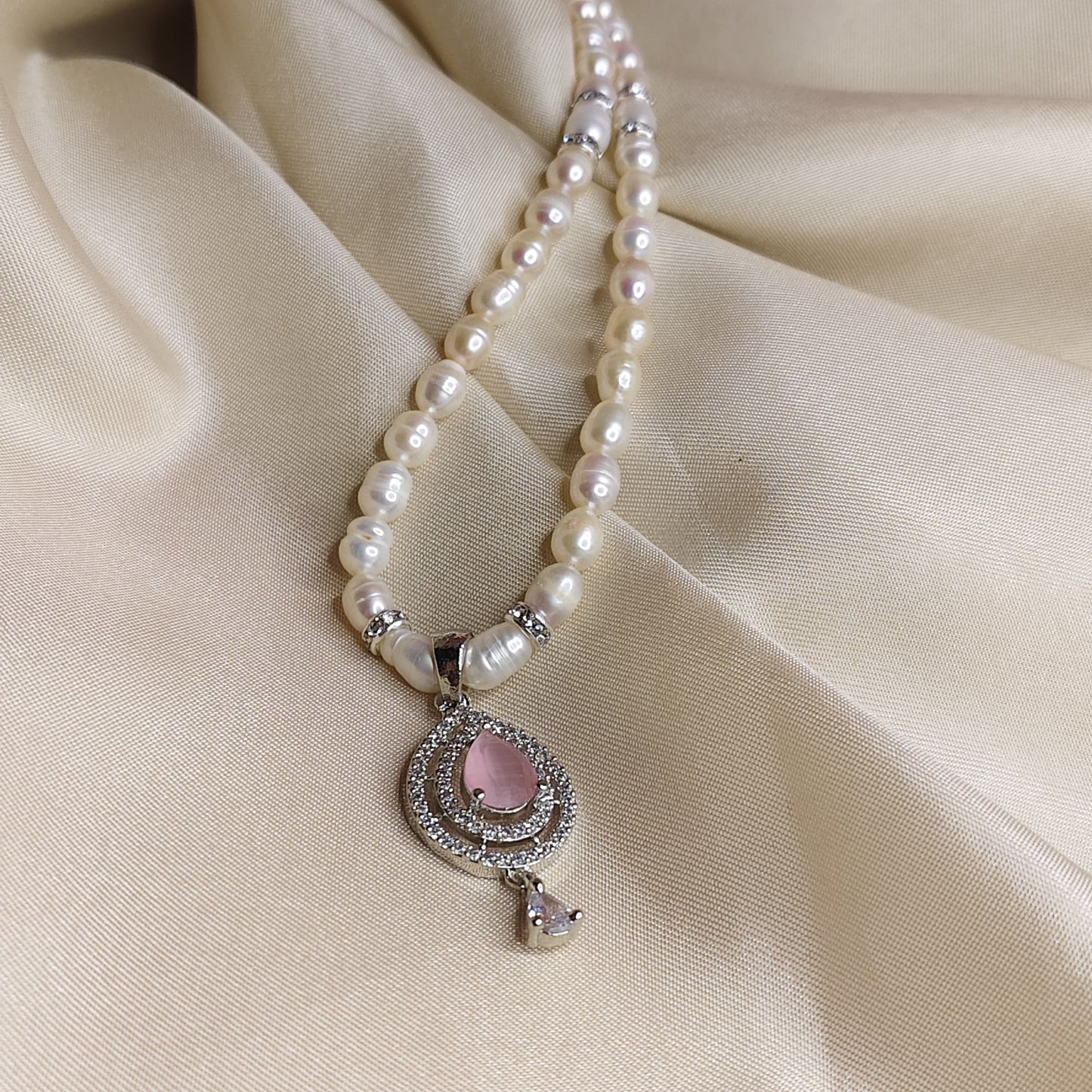 Pearl Necklace with Pink Stone Pendant with Earrings