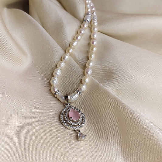 Pearl Necklace with Pink Stone Pendant with Earrings