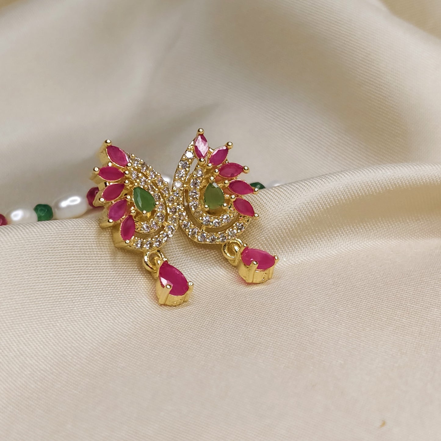 Pearl & Bead Necklace Set with Ruby Pendant and Earrings