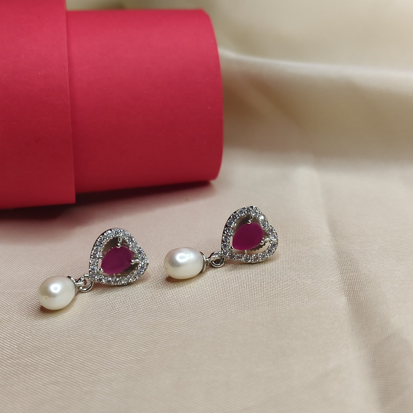 2 Row White Pearl & Ruby Heart Necklace Set with Earrings