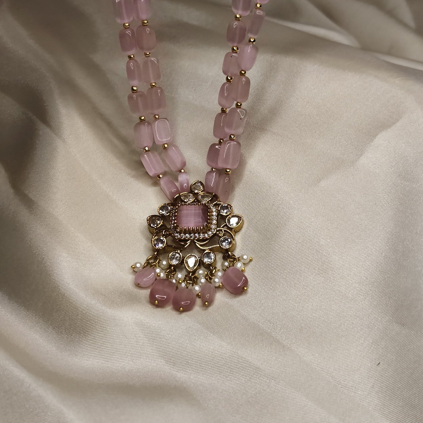 Rose Quartz Beaded with Kundan & Pearl Pendant