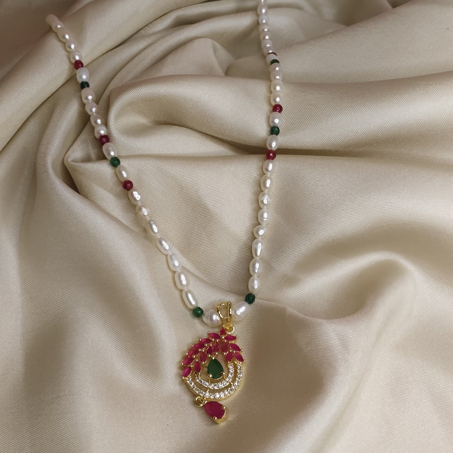 Pearl & Bead Necklace Set with Ruby Pendant and Earrings