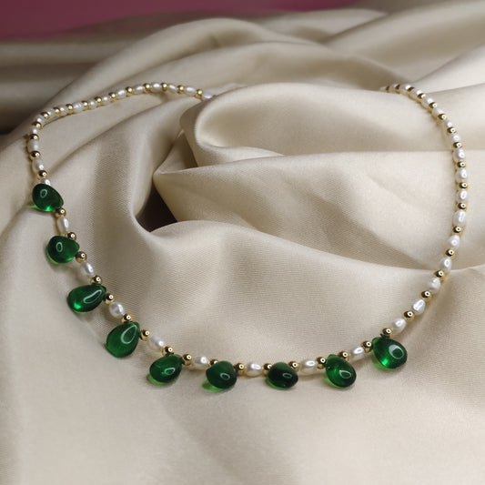 Pearl Necklace with Green Stone Drops