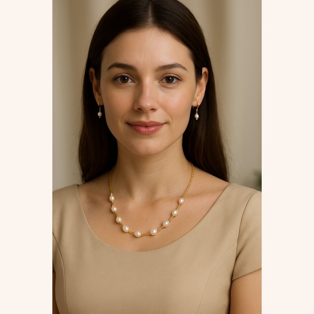 Pearl Necklace & Earrings Set with Gold-Coated