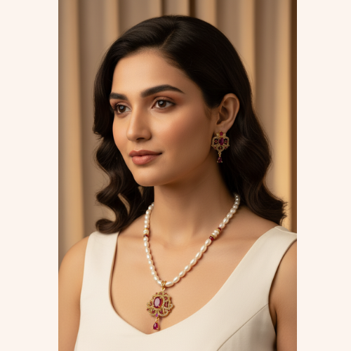 Pearl Necklace Set with Ruby-Red Pendant & Earrings (Gold-Coated Finish)