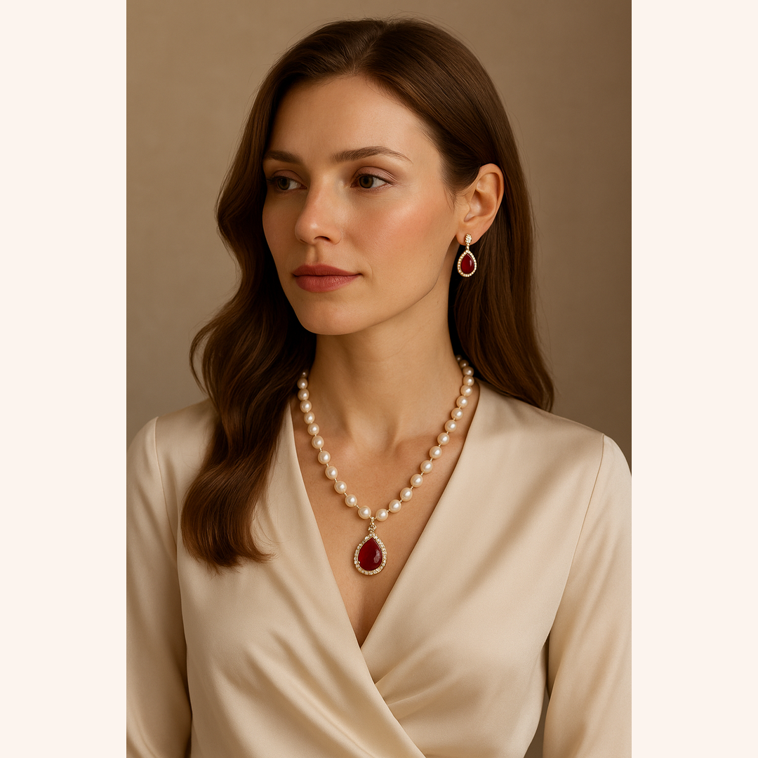 Pearl and Ruby Necklace Set with matching Earrings