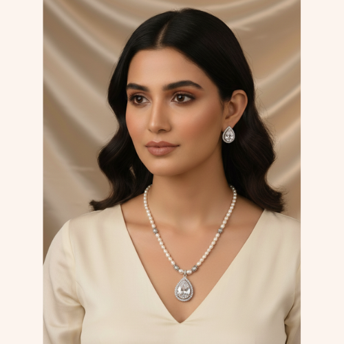 White Pearl Necklace Set with Zircon Pendant & Earrings