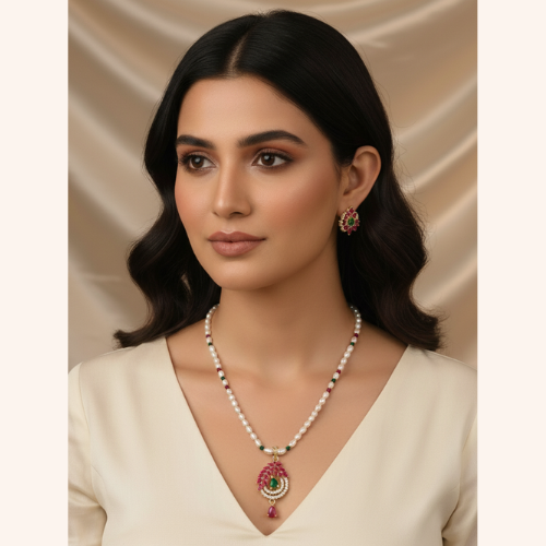 Pearl & Bead Necklace Set with Ruby Pendant and Earrings
