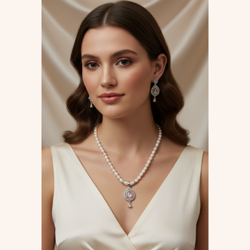 Pearl Necklace with Pink Stone Pendant with Earrings
