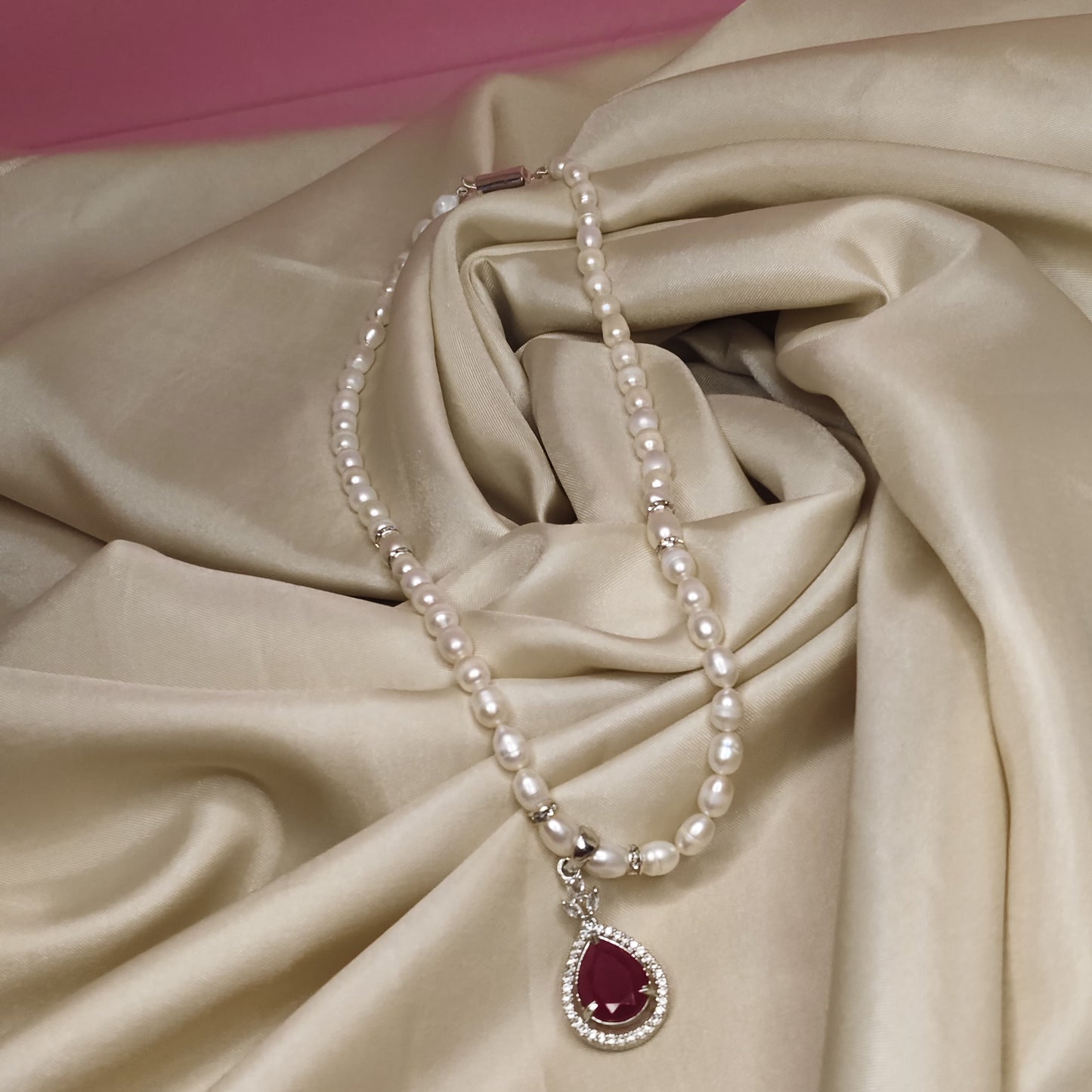 Pearl and Ruby Necklace Set with matching Earrings