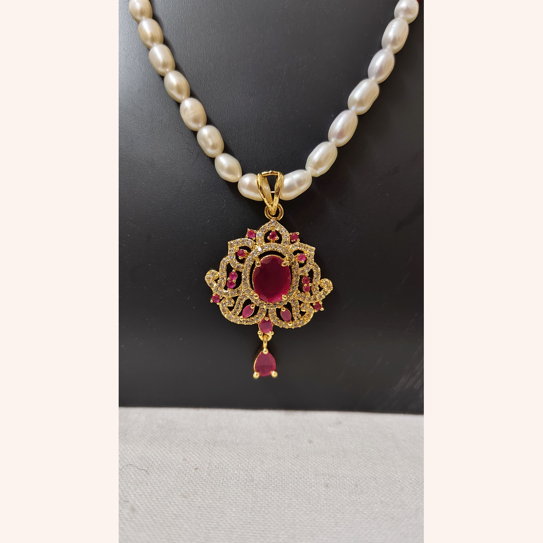 Pearl Necklace Set with Ruby-Red Pendant & Earrings (Gold-Coated Finish)
