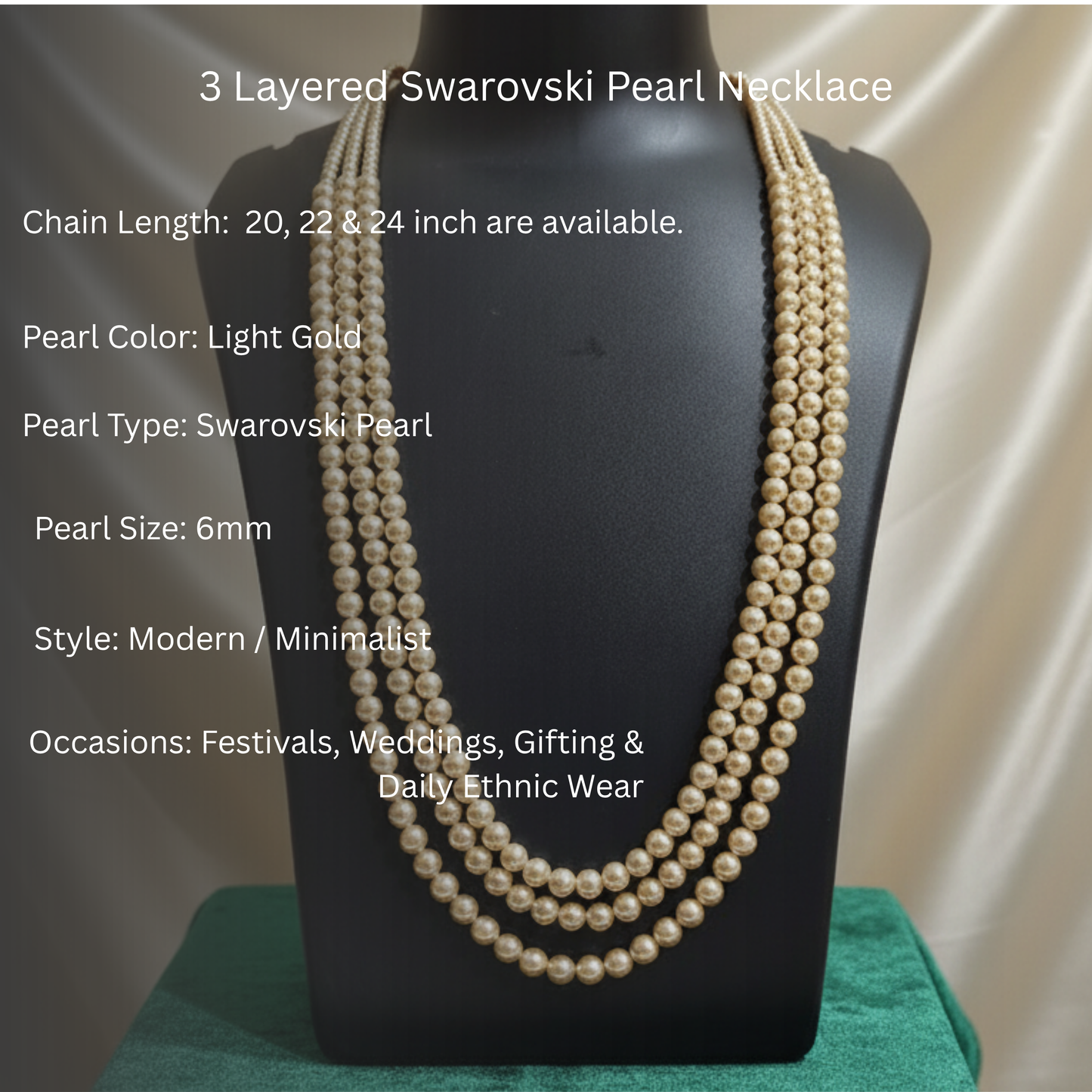 Light Gold 3 Strand Swarovski Pearl Necklace with small pearls at the top