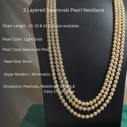 Light Gold 3 Strand Swarovski Pearl Necklace