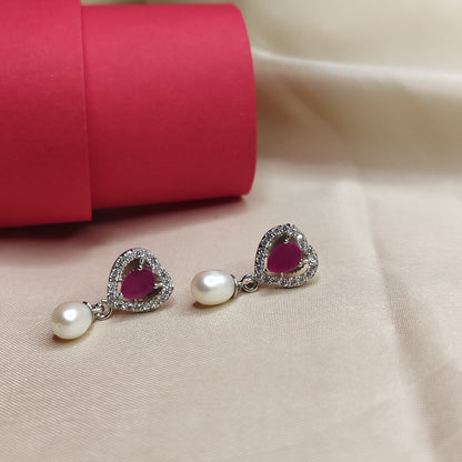 2 Row White Pearl & Ruby Heart Necklace Set with Earrings