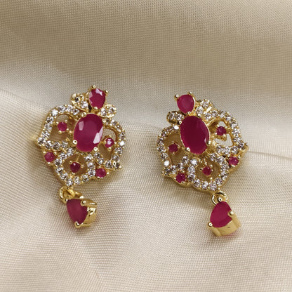Pearl Necklace Set with Ruby-Red Pendant & Earrings (Gold-Coated Finish)