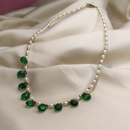 Pearl Necklace with Green Stone Drops