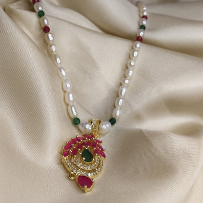 Pearl & Bead Necklace Set with Ruby Pendant and Earrings