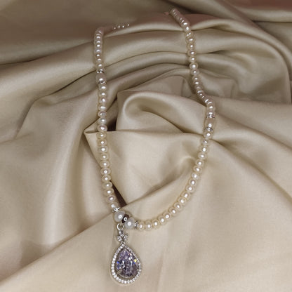 White Pearl Necklace Set with Zircon Pendant & Earrings