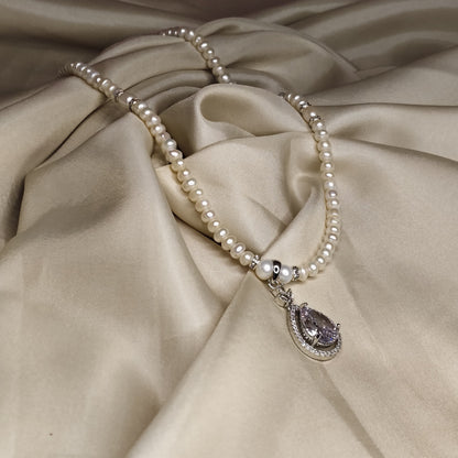 White Pearl Necklace Set with Zircon Pendant & Earrings