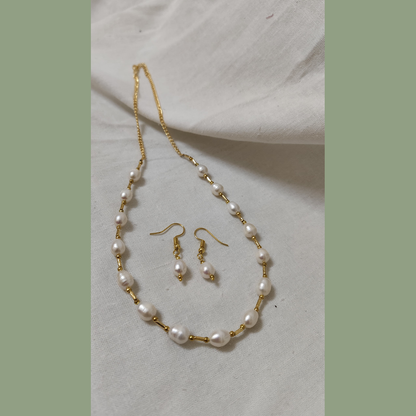Pearl Necklace & Earrings Set with Gold-Coated