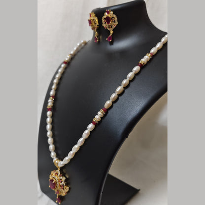 Pearl Necklace Set with Ruby-Red Pendant & Earrings (Gold-Coated Finish)
