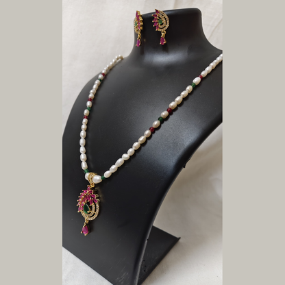 Pearl & Bead Necklace Set with Ruby Pendant and Earrings
