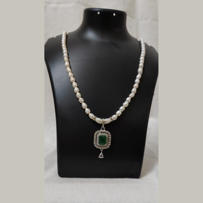 Pearl Necklace & Earrings Set with Green Stone Pendant
