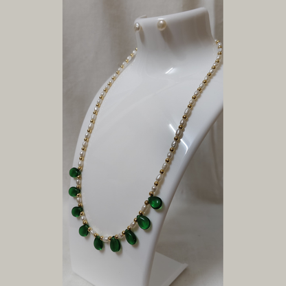 Pearl Necklace with Green Stone Drops