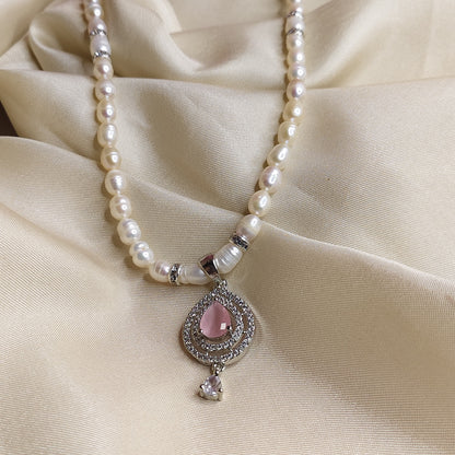 Pearl Necklace with Pink Stone Pendant with Earrings