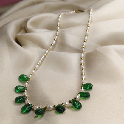 Pearl Necklace with Green Stone Drops