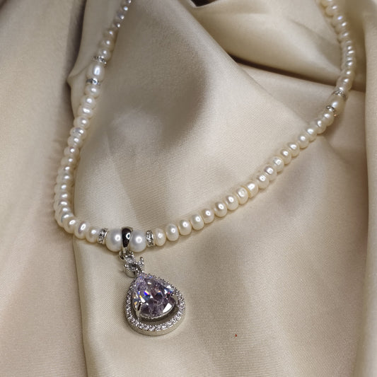 White Pearl Necklace Set with Zircon Pendant & Earrings