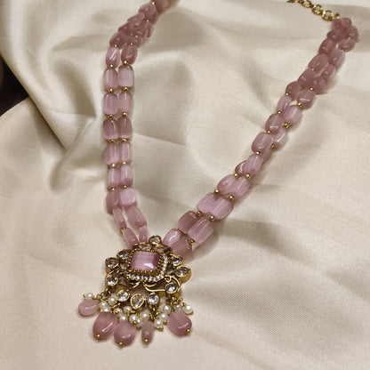 Rose Quartz Beaded with Kundan & Pearl Pendant