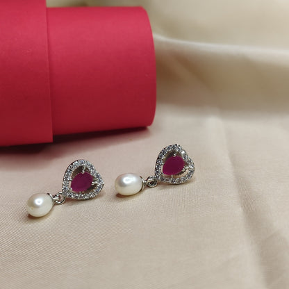 2 Row White Pearl & Ruby Heart Necklace Set with Earrings
