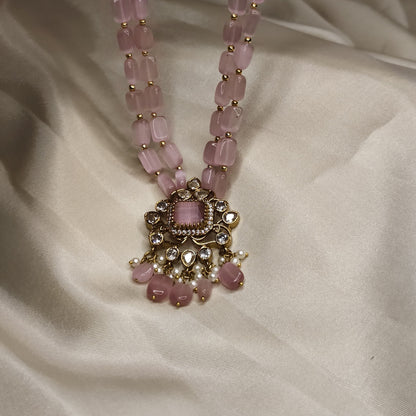 Rose Quartz Beaded with Kundan & Pearl Pendant