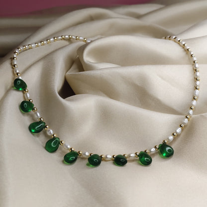 Pearl Necklace with Green Stone Drops