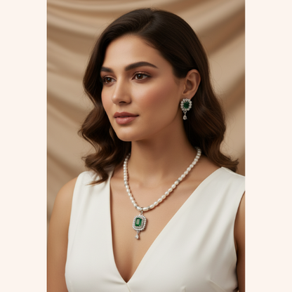 Pearl Necklace & Earrings Set with Green Stone Pendant
