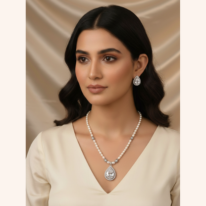 White Pearl Necklace Set with Zircon Pendant & Earrings