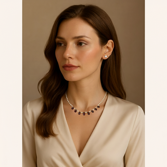 White Pearl Earrings & Garnet Pearl Beaded Necklace Set